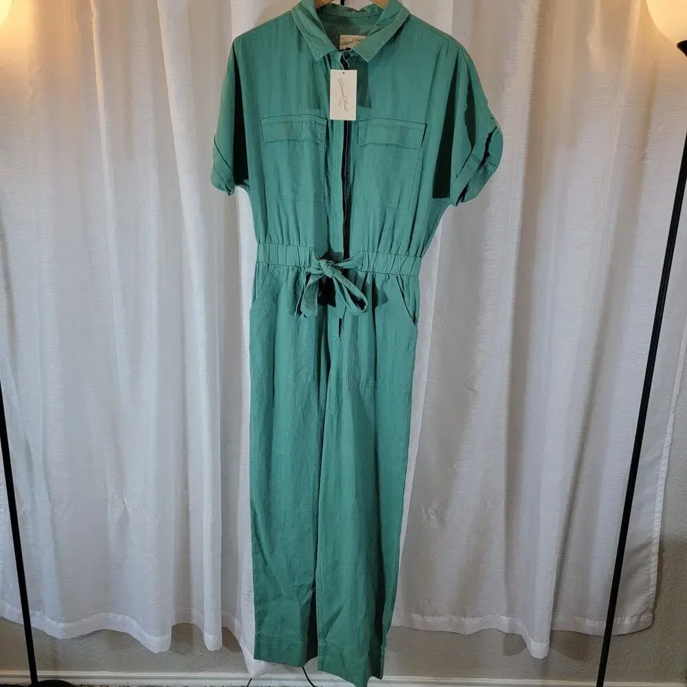 NWT Short-Sleeve Linen Boilersuit Sz 4 Green Jumpsuit Tie Waist Universal Thread - Picture 1 of 8